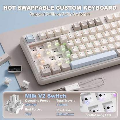 YUNZII B98 PRO QMK/VIA Wireless Mechanical Gaming Keyboard,96% Layout with Numpad and Cute Cat Knob, BT/2.4G/USB-C,Linear Switch Hot Swap Gasket,RGB for Win/Mac (Beige, Milk V2 Linear Switch) - color: Beige, size: Milk V2 Linear Switch