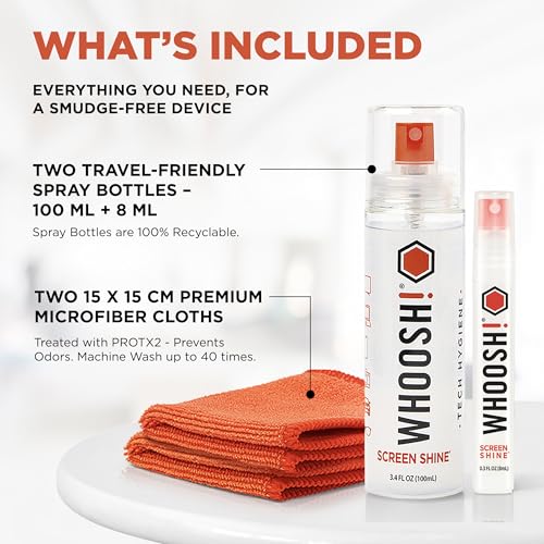 WHOOSH Screen Cleaner and Wipe Kit Duo, 3.7 fl oz + 0.3 fl oz | Large and Travel Size Bottles, Non Toxic and Odorless, For iPad, MacBook and Car Screens, 2 Microfiber Cloths - size: 3.7 Fl Oz (Pack of 1)