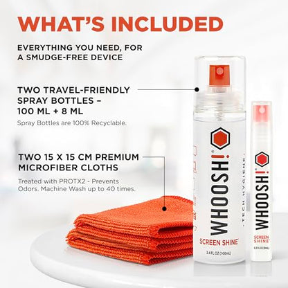 WHOOSH Screen Cleaner and Wipe Kit Duo, 3.7 fl oz + 0.3 fl oz | Large and Travel Size Bottles, Non Toxic and Odorless, For iPad, MacBook and Car Screens, 2 Microfiber Cloths - size: 3.7 Fl Oz (Pack of 1)
