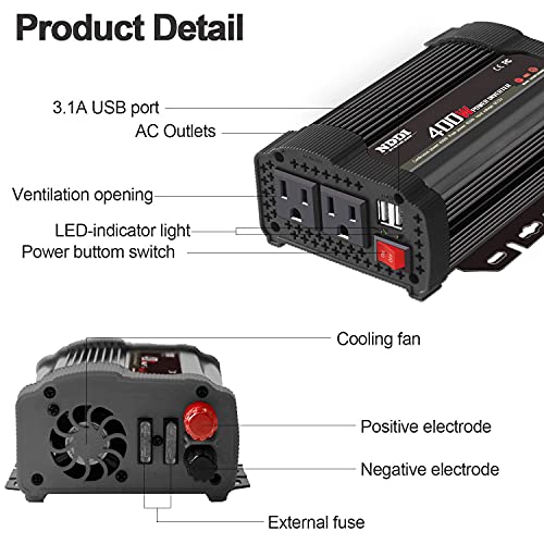 400W Power Inverter,DC 12v to AC 110v Car Inverter Converter | 3.1A Dual USB Charging Ports,Suitable For Laptops, Portable Power Converters, Camping, Road Travel Essentials, Black - size: 400W-B
