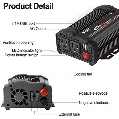 400W Power Inverter,DC 12v to AC 110v Car Inverter Converter | 3.1A Dual USB Charging Ports,Suitable For Laptops, Portable Power Converters, Camping, Road Travel Essentials, Black - size: 400W-B