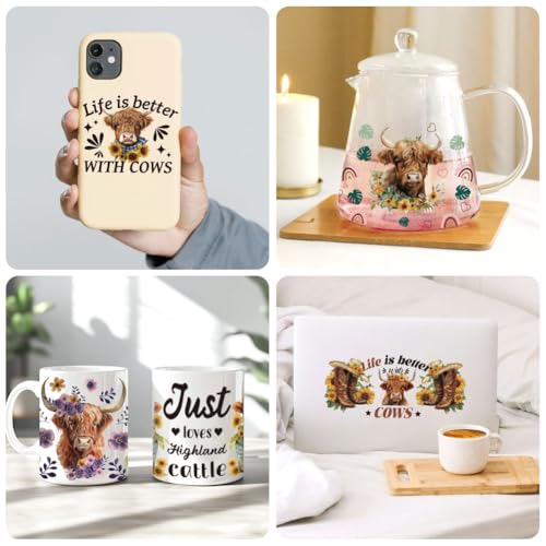 UV DTF Cup Wraps Transfer Stickers Christian Highland Cattle and Sunflower, 10 Sheets Waterproof Custom Vinyl Transfer Sticker 16oz Coffee Glass Cup Tumbler Bottle Mug Decals for Men Women | Waterproof UV DTF Stickers, Custom Vinyl Decals for 16oz Coffee