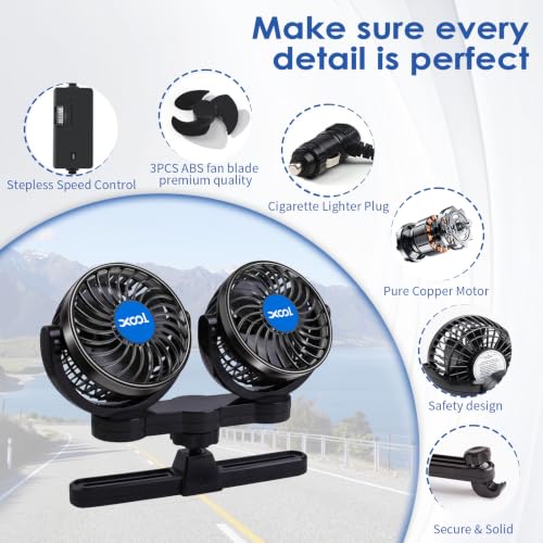 XOOL Electric Car Fans for Rear Seat Passenger Portable Fans Headrest 360 Degree Rotatable Backseat Car Fan 12V Cooling Air Fan with Stepless Speed Regulation for Vehicles, SUV, RV - size: Cigarette Dual Fan - Back