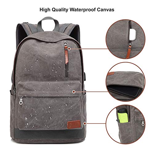 Canvas Laptop Backpack, Waterproof School Backpack With USB Charging College - color: Gray