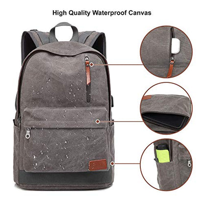Canvas Laptop Backpack, Waterproof School Backpack With USB Charging College - color: Gray