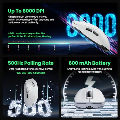 G59 2.4G/BT/Wired Wireless Gaming Mouse, Rechargeable USB Type-C Wireless Game Mouse, 6 Adjustable DPI, Max 8000 DPI, 60g Lightweight, 6 Programmable Buttons, PC Computer Laptop, Win 11 10, Mac