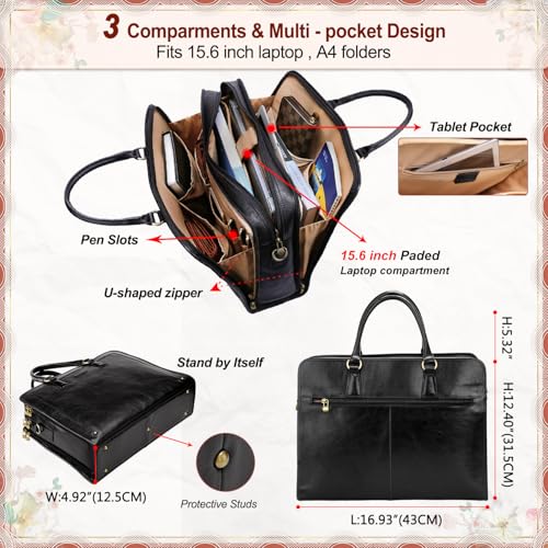 Banuce Italian Full Grain Leather Briefcase for Women Fits 15.6" Laptop | Eco-friendly Leather,Paded Laptop Compartment,Travel-friendly Luggage Strap,Detachable Strap,Office Work,Business Travel - color: Black