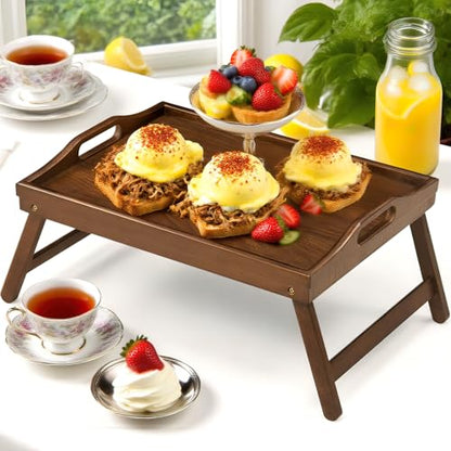 Bamboo Breakfast Tray Table with Folding Legs for Bed Table Sofa - Eating & Laptop Tray Bamboo with Folding Legs (Walnut) - color: Walnut