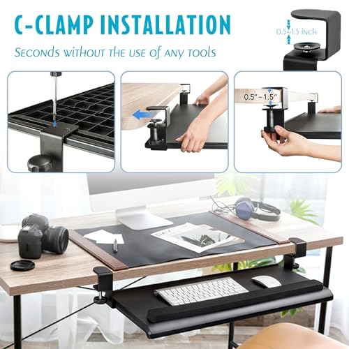 EHO Large Ergonomic C-Clamp Keyboard Tray Mount Under Desk with Wrist Rest, Slide-Out Platform 27.5" (31.8" Including Clamps) x 12.5", Pull Out Keyboard & Mouse Tray for Home or Office, Black - size: 27.5 inch, style: Keyboard and mouse tray platform with
