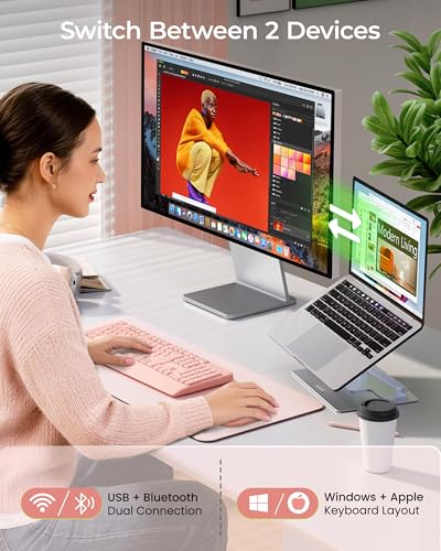 seenda Wireless Bluetooth Ergonomic Keyboard Mouse Combo, Full Size, Pink | USB/Bluetooth multi-device switching, with wrist rest, number pad, and quiet operation for PC, laptop, Mac, MacBook, and iPad - color: Pink