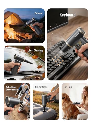 REWONDER Electric Air Duster Cordless Rechargeable Cleaner with Vacuum | 130000RPM brushless motor, 100 adjustable speeds, LED display, 2-in-1 blow & vacuum, for PC, keyboard, car, home cleaning