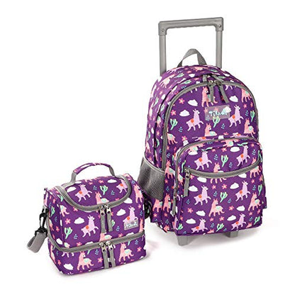 Tilami Rolling Backpack 18 inch Double Handle with Lunch Bag Wheeled Kids Backpack for Girls and Boys, Purple Alpaca - color: Purple Alpaca