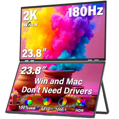 InnoView 23.8" Dual Portable Monitor 180Hz 2560 x 1440P 2K 100% sRGB - Foldable & Stackable Design with 315° Screen Adjustment & 180° Stand | USB-C/HDMI, Dual Monitor for Laptop, Mac, Windows
