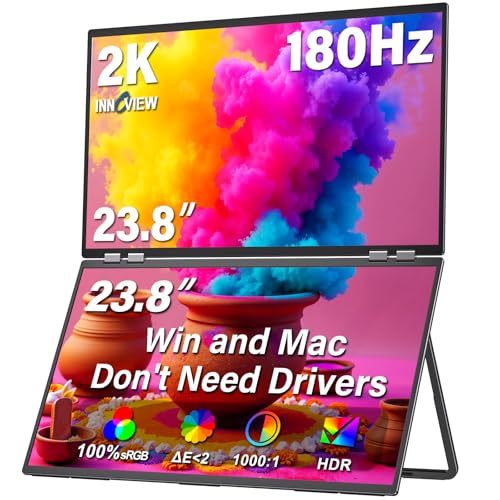 InnoView 23.8" Dual Portable Monitor 180Hz 2560 x 1440P 2K 100% sRGB - Foldable & Stackable Design with 315° Screen Adjustment & 180° Stand | USB-C/HDMI, Dual Monitor for Laptop, Mac, Windows
