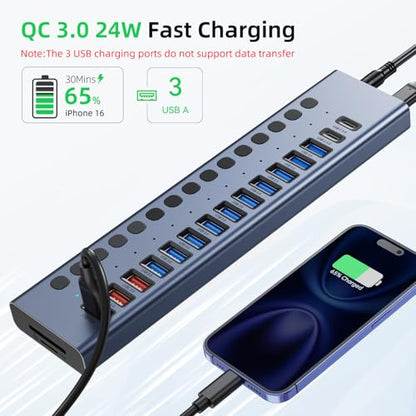Powered USB Hub 10Gbps, 17 Ports USB 3.2 Hub, 96W Power Adapter | 10 USB-A 3.2, 3 QC 24W Fast Charging, 2 USB-C 3.2, SD/TF, 12V/8A Power Adapter for Laptop, PC, Computer, HDD, Flash Drive - color: Gray
