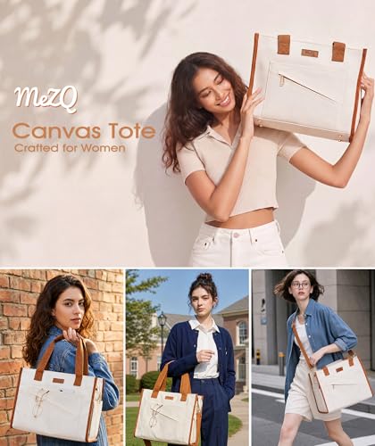 MeZQ Canvas Tote Bag for Women,14-Pockets Work Laptop Tote Large Office Crossbody | Teacher Nurse College with Strap & Zipper - color: Brown