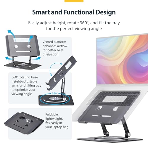 StarTech Rotating Laptop Stand, Aluminum, 360 Swivel, 11lb/5kg | Ergonomic Desk Riser for Computer, Adjustable Height/Tilt, ATFR-LAPTOP-RISER