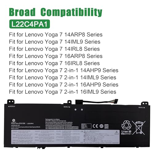 L22C4PA1 Laptop Battery Replacement for Lenovo Yoga 7 14ARP8 14IRL8 16ARP8 Series SB11K38965 5B11K38968 SB11N45990 5B11N46035 L22M4PA1 L22D4PA1 15.36V 71Wh - size: 13.4*5.3*1.1inch L22C4PA1
