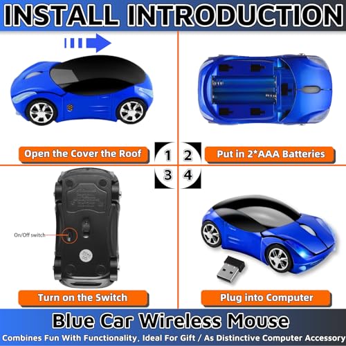 Blue Mouse，Cute Wireless Mouse 1600DPI 2.4G with USB Reciver Car Mouse for Computer Laptop Tablet for Mac OS for Windows（Blue） - color: BLUE