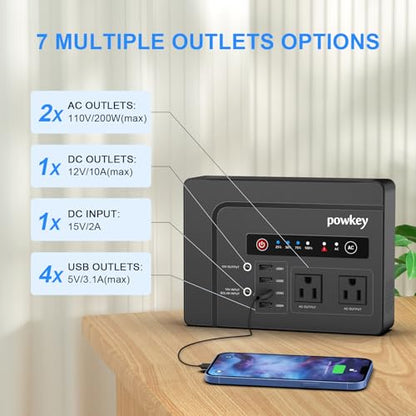 powkey 200W Portable Power Bank with AC Outlet 120V, 146Wh Power Station | Rechargeable Backup Lithium Battery Powered, Pure Sine Wave AC Outlet for Outdoor RV Trip Travel Home Office Emergency - color: Black