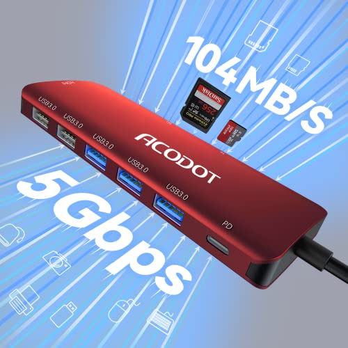 USB C Hub, 9-in-1 Multi-Port USB Adapter, 4K@60Hz HDMI, 100W Max PD, 3 USB3.0(5Gbps) + 2 USB2.0 Data Ports, SD/TF Card Reader for MacBook, iPad Pro, Dell, HP, Lenovo, Windows Laptop, Red - color: Red