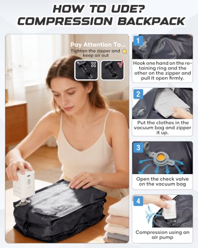 Travel Backpack for Women Men with Compression Vacuum Storage Bag & Electric Pump, Flight Approved Carry On Backpack, Frontier Spirit Airlines Personal Item Bag 18x14x8, Black - color: Black
