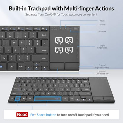 Rii 2.4G Wireless Keyboard,Bluetooth Keyboard(BT 5.1+2.4G),Aluminium Alloy Portable with Touchpad for Computer,PC,Tablet,iPad,Android TV Box,Smart TV,Windows,Mac (Black) | BT 5.1+2.4G,Aluminium Alloy,Easy meadia control,built-in touchpad for HTPC,PC,Table