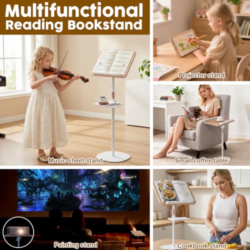 2 in 1 Dual-use Music Stand & Desktop Book Stand, Adjustable Height 16.5"-51", 100% Solid Wood Laptop Floor Stand Book Holder with Elastic Page Clips for Cookbooks (White with Tray) - color: White With Tray
