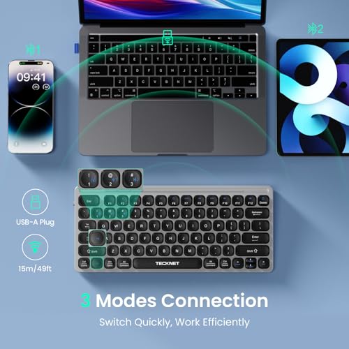 TECKNET Wireless Keyboard, Rechargeable Bluetooth Keyboard, 3-Device Free Switching (2.4G+BT), Quiet Typing, Lightweight & Portable, Compact Keyboard Compatible with Windows, macOS, Android, Gray