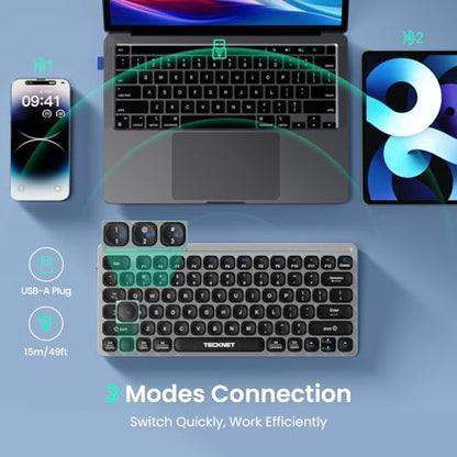 TECKNET Wireless Keyboard, Rechargeable Bluetooth Keyboard, 3-Device Free Switching (2.4G+BT), Quiet Typing, Lightweight & Portable, Compact Keyboard Compatible with Windows, macOS, Android, Gray