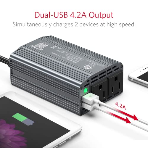 BESTEK 300W Power Inverter DC 12V to 110V AC Car Inverter with 4.2A Dual USB Car Adapter (Gray) - color: Gray