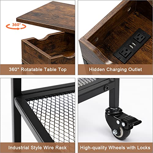 Hadulcet Narrow End Table with Charging Station & Rotating Top, Couch Snack Tables, Swivel Table for Recliner Living Room & Bedroom, Rolling Slim Side Table on Wheels, Skinny Nightstand, Rustic Brown - color: Rustic Brown