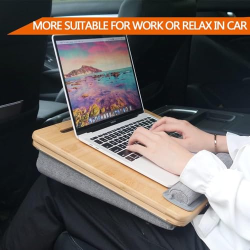 Adjustable Bamboo Lap Desk with Cushion - 5 Tilting Angles Ergonomic Laptop Bed Tray for Computers 15 inches or Less, Phone & Tablet Holder Slot, Dual Bolster for Comfort on Couch, Bed, Sofa & Car - size: 12.6" x 16.8" Angle Adjust