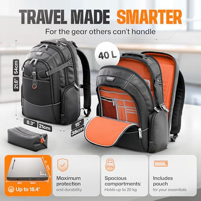 EVERKI Business 120 Laptop Backpack with Rain Cover, Black - 40L | Nylon, Polyester, Durable, Multi-Padded Pockets, Travel-Friendly, School & Work, 180° Fold-Out Design, Fits up to 18.4" - style: Business 120