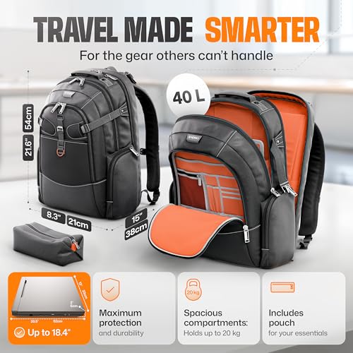 EVERKI Business 120 Laptop Backpack with Rain Cover, Black - 40L | Nylon, Polyester, Durable, Multi-Padded Pockets, Travel-Friendly, School & Work, 180° Fold-Out Design, Fits up to 18.4" - style: Business 120