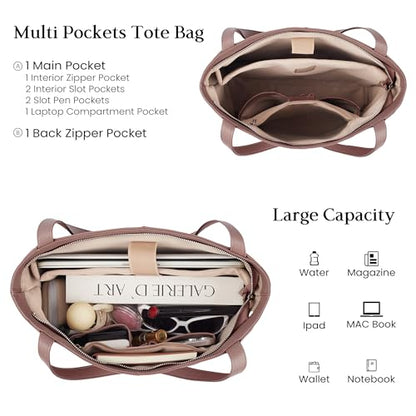 befen Genuine Leather Tote Bag for Women Work Travel Leather Purse Handbags | Real Leather, Padded 14" Laptop Compartment, Multi-Pockets, Zipper, Tote Bag for Daily - color: Pink