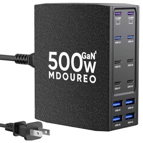 500W USB C Charger Block, 12-Port USB C Charging Station for Multiple Devices, Leather Texture Dual PD 65W Laptop Fast Charger Compatible with MacBook Pro/Air, iPad, iPhone,Galaxy and More, Black - color: Black