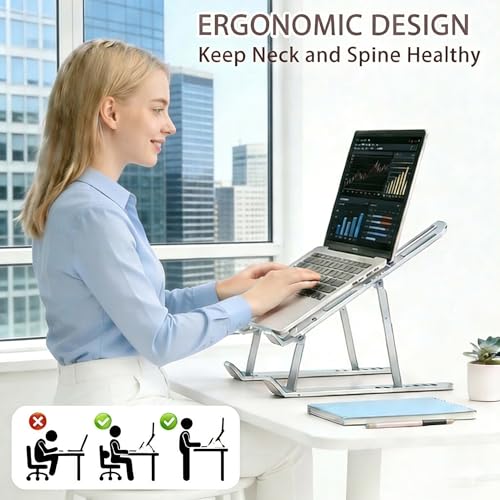 Ergonomic Foldable Computer Stand, 10-Level Height Adjustable Aluminum Laptop Stand, Compatible with 17.3 Inch Laptops, Tablets & Drawing Tablets, for MacBook, HP, Lenovo, Dell (Silver) - color: Silver