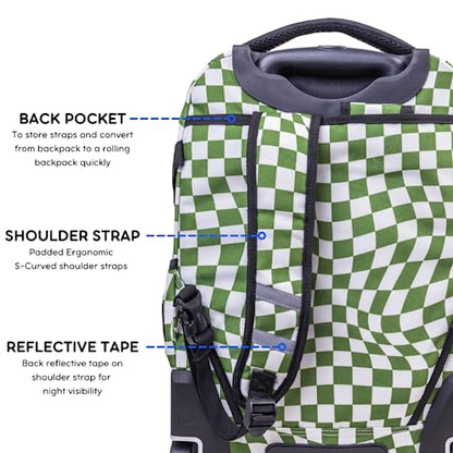 J World Lunar Rolling Backpack. Laptop Bag With Wheels. Wheeled Carry-On Travel Luggage, Matcha Checkers, 19.5 x 13 x 8 Inches - color: Matcha Checkers