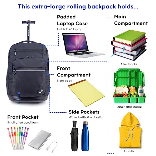 J World Sundance Laptop Rolling Backpack for Girls Boys. Roller Bookbag with Wheels, 20 Inch, Black - color: Black