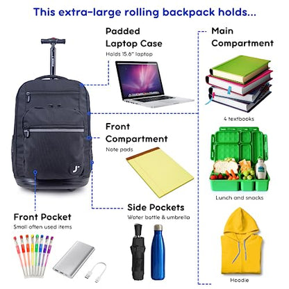 J World Sundance Laptop Rolling Backpack for Girls Boys. Roller Bookbag with Wheels, 20 Inch, Black - color: Black
