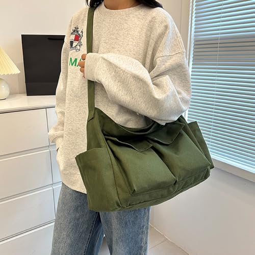 Canvas Messenger Bag Large Crossbody Bag with Multiple Pockets Canvas Shoulder Tote Bag for Women and Men - color: Army Green