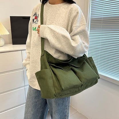 Canvas Messenger Bag Large Crossbody Bag with Multiple Pockets Canvas Shoulder Tote Bag for Women and Men - color: Army Green