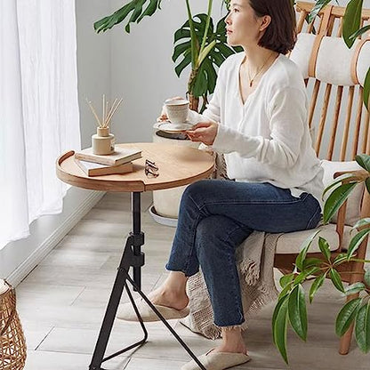 Coffee Table Height Adjustable Round Coffee Table, Small Coffee Snack Side Table with Tilting Board, Foldable Sofa Bedside Table Laptop Stand, with Wooden Table Top and Triangular Metal Legs