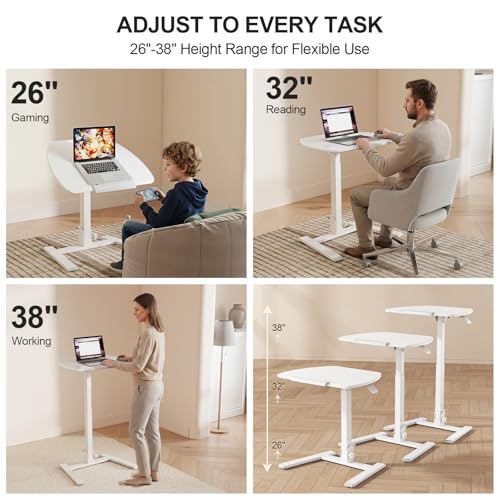 ROMOON Foldable Standing Desk with Wheels: No-Assembly, Height Adjustable | Rolling Laptop Cart with Tilt Top, Collapsible Mobile Workstation for Home Office, Sofa, Bedroom and Small Spaces, White - color: White
