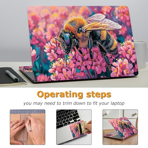 Universal Laptop Skin Sticker with 2 Wrist Pad Decals, 3-Piece Removable Vinyl Laptop Cover, Bee Pink Flower Waterproof Anti-Scratch, Easy-Trim Fit for 13.3" 14" 15.6" Laptops - color: Bee Pink Flowers