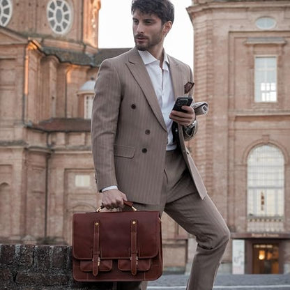 Time Resistance Leather Briefcase – Italian Handmade Leather Laptop Bag – Briefcase Convertible into Backpack - color: Cognac Brown