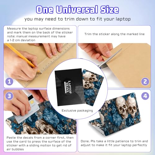 Universal Laptop Skin Sticker Decal, Compatible with MacBook HP Dell Lenovo 12"-15.6", Reusable Vinyl Notebook Cover 3PCS Set, High-Recognition Film-Skull in Blue Flowers - color: Skull in Blue Flowers