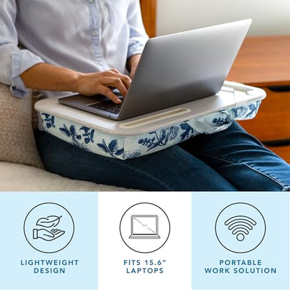 LAPGEAR Designer Lap Desk – Blue Blossoms, Fits 15.6” Laptops | Built-In Phone Slot, Device Ledge, Conforming Microbead Cushion, Carry Handle - color: Blue Blossoms, size: Single Lap Desk