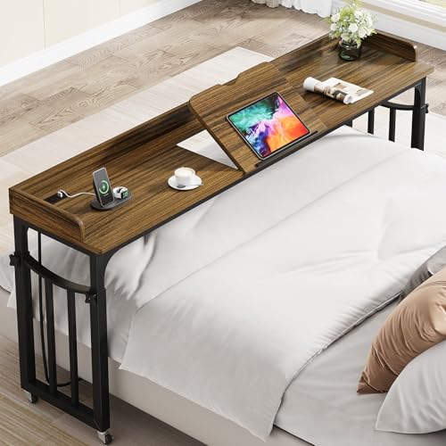 71 in Queen Size Overbed Table with Wheels, Brown | Height Adjustable, Bed Table with Adjustable Tilt Board, Mobile Laptop Cart Computer Desk with Power Outlets, USB Ports - color: Brown